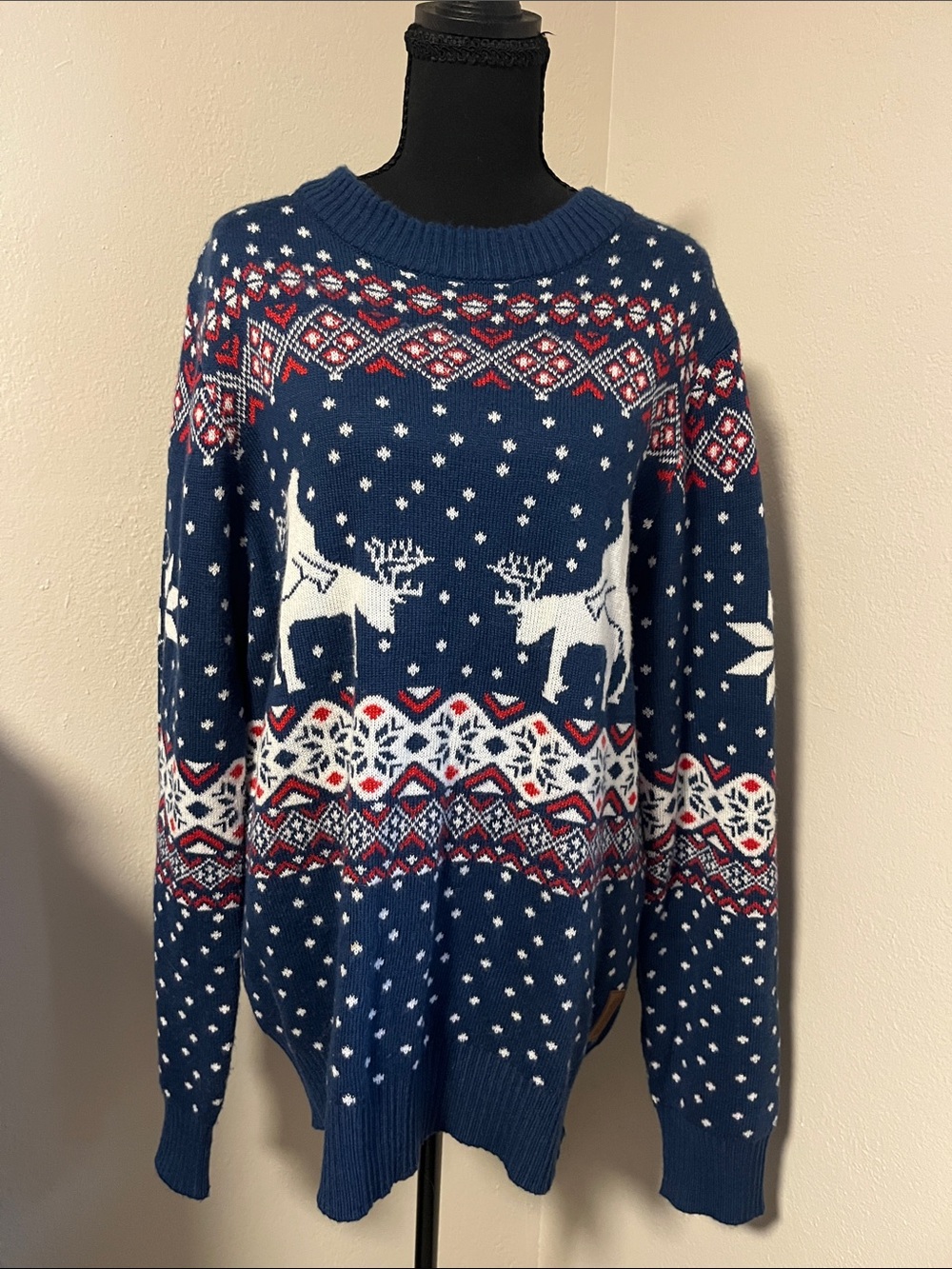 Tipsy Elves "Naughty" Navy, White & Red Fair Isle Reindeer Crewneck Sweater-XL